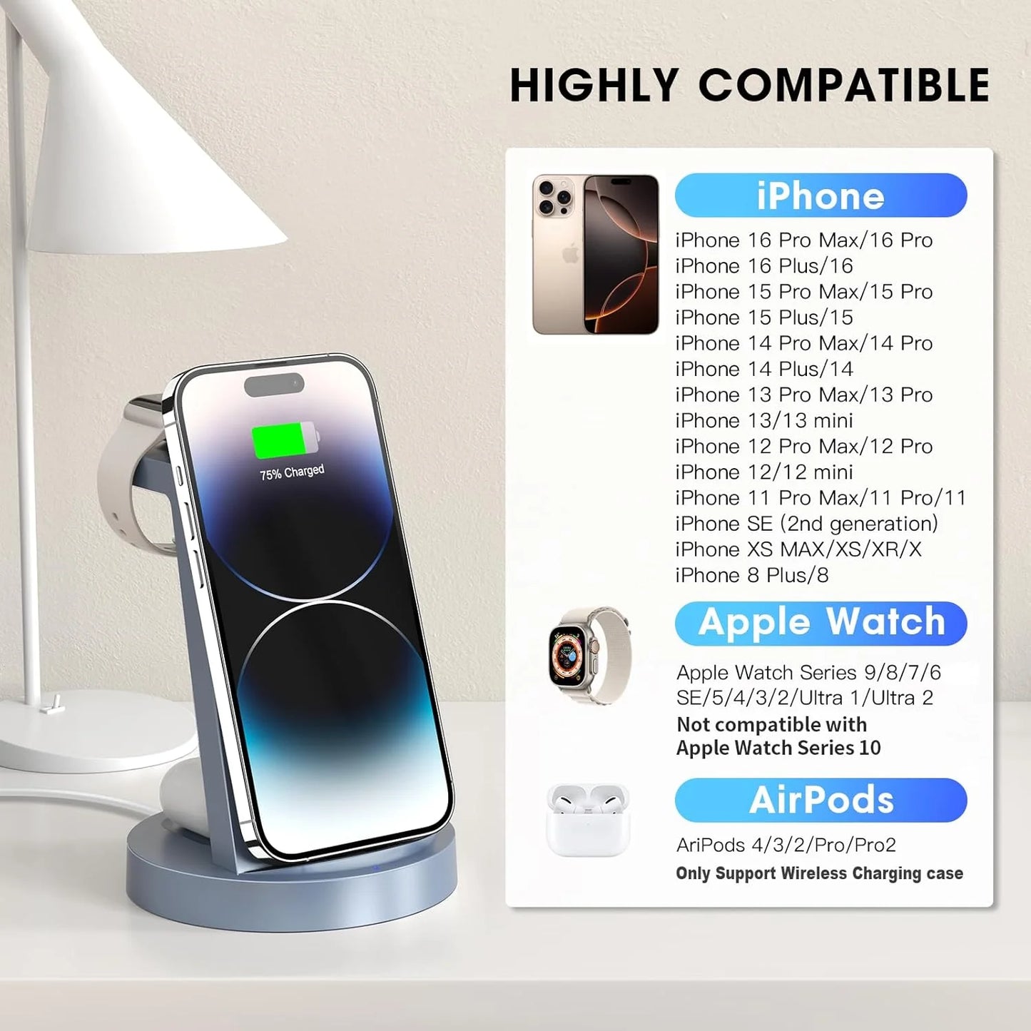 Wireless Charger - 3 in 1 Charging Station Compatible for Iphone & Iwatch - Charging Stand Dock for Airpods (Blue)