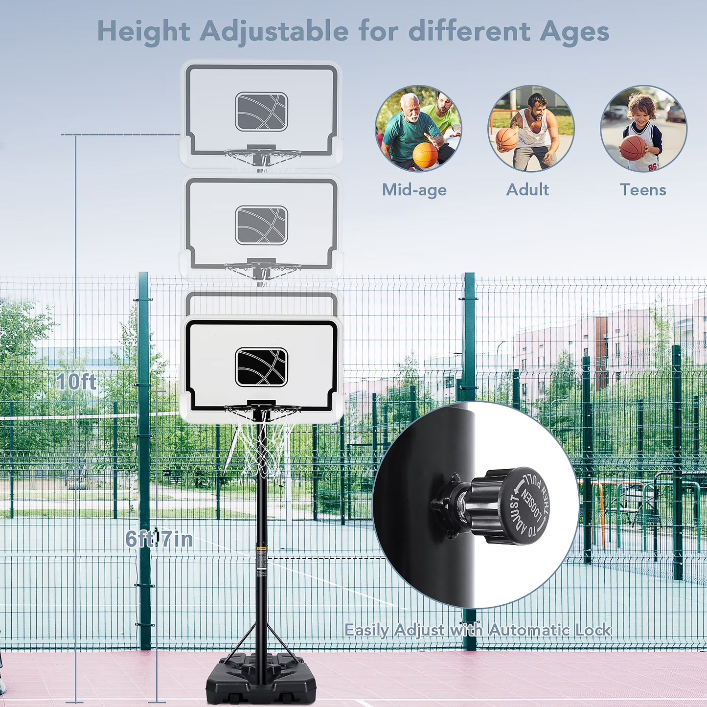 44In Portable Basketball Hoop with Height Adjustable 6.56Ft to 10Ft Basketball Goals for Younger People Indoor Outdoor with Free Basketabll
