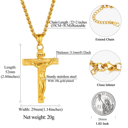 Gold Plated Cross Necklaces for Men Stainless Steel INRI Crucifix Pendant Necklace Jesus Piece Christian Religious Birthday Easter Basket Stuffers Jewelry Gifts Him Son