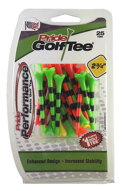 Pride Performance Plastic Golf Tees, Low-Resistance Head for Golf, Longer Drives, Durable & Stable Design, 3-1/4", Striped Citrus Mix – 25 Count