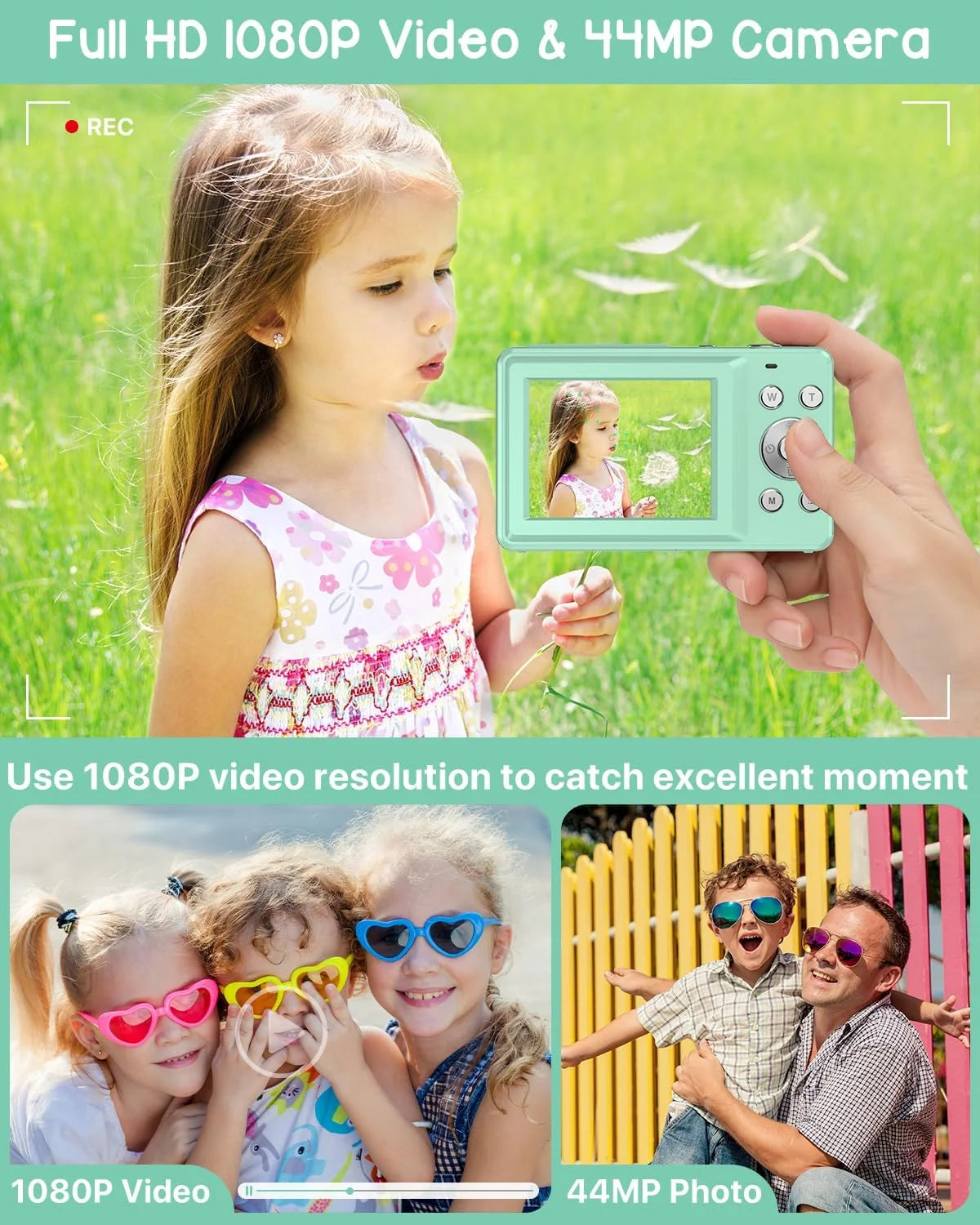 Digital Camera FHD1080P 44MP Portable Camera for Kids 2.4"LCD Screen Small Video Camera with 32G Card