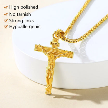Gold Plated Cross Necklaces for Men Stainless Steel INRI Crucifix Pendant Necklace Jesus Piece Christian Religious Birthday Easter Basket Stuffers Jewelry Gifts Him Son